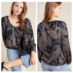 Anthropologie Maeve‎ Madeira Burnout Satin Blouse Long Sleeve Top Women's Large